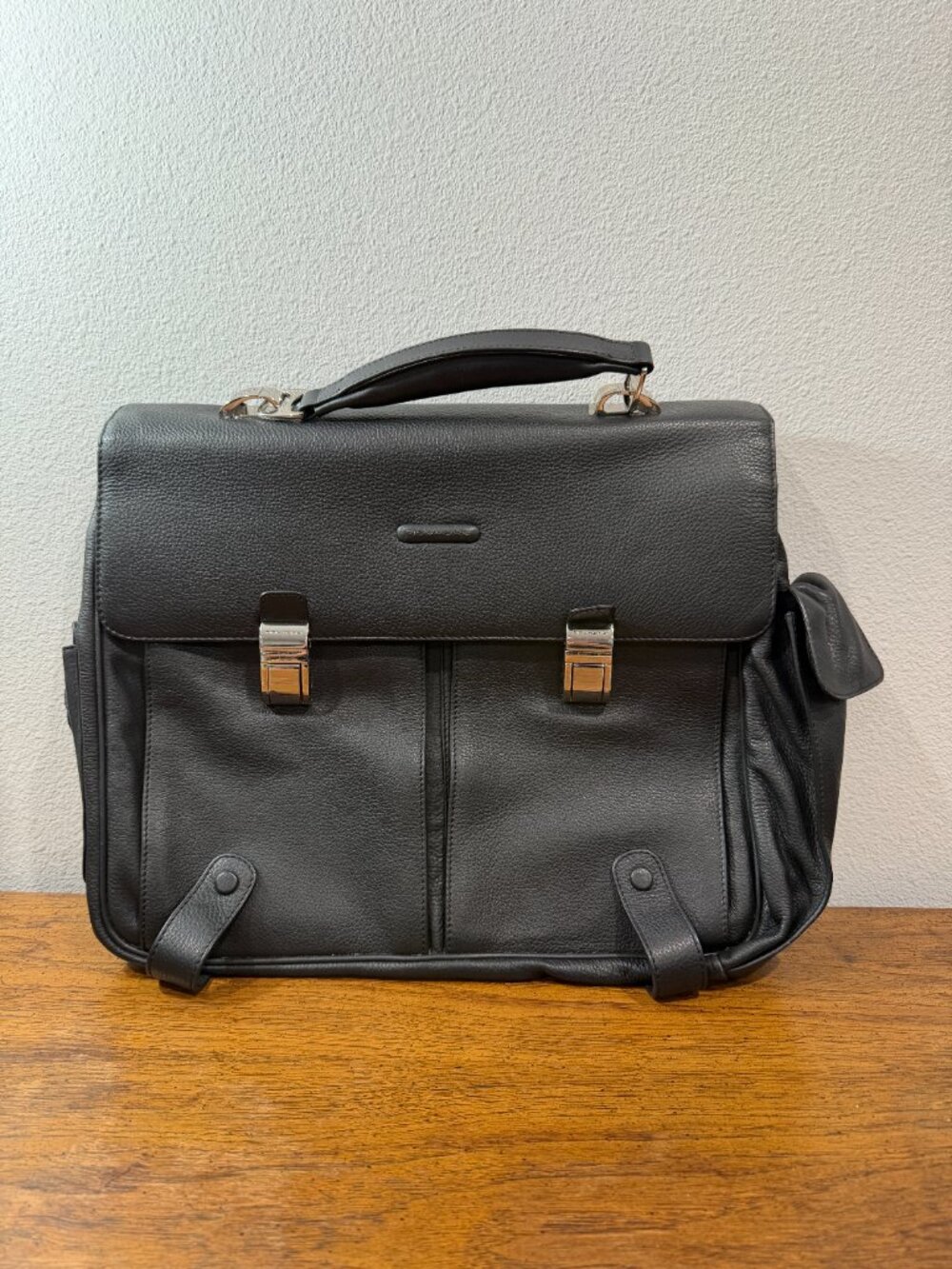 Piquadro Modus Fold Over Briefcase Black Pebbled Leather Laptop Business Bag I